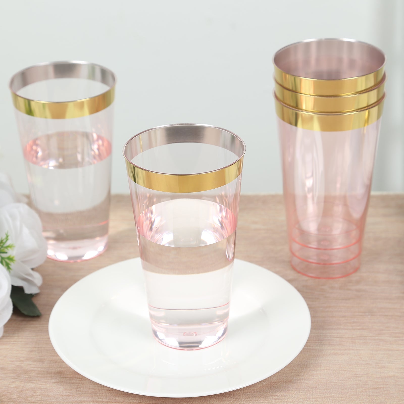 12 - Pack Plastic Party Cups Transparent Blush with Gold Rim - Durable Disposable Tumblers for Drinks 17oz 5.5" - Bell Racket Store