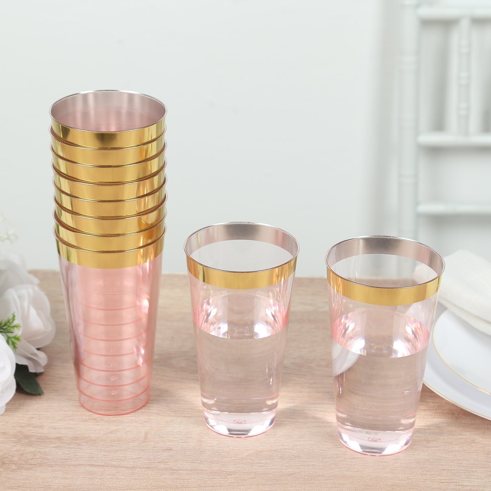 12 - Pack Plastic Party Cups Transparent Blush with Gold Rim - Durable Disposable Tumblers for Drinks 17oz 5.5" - Bell Racket Store