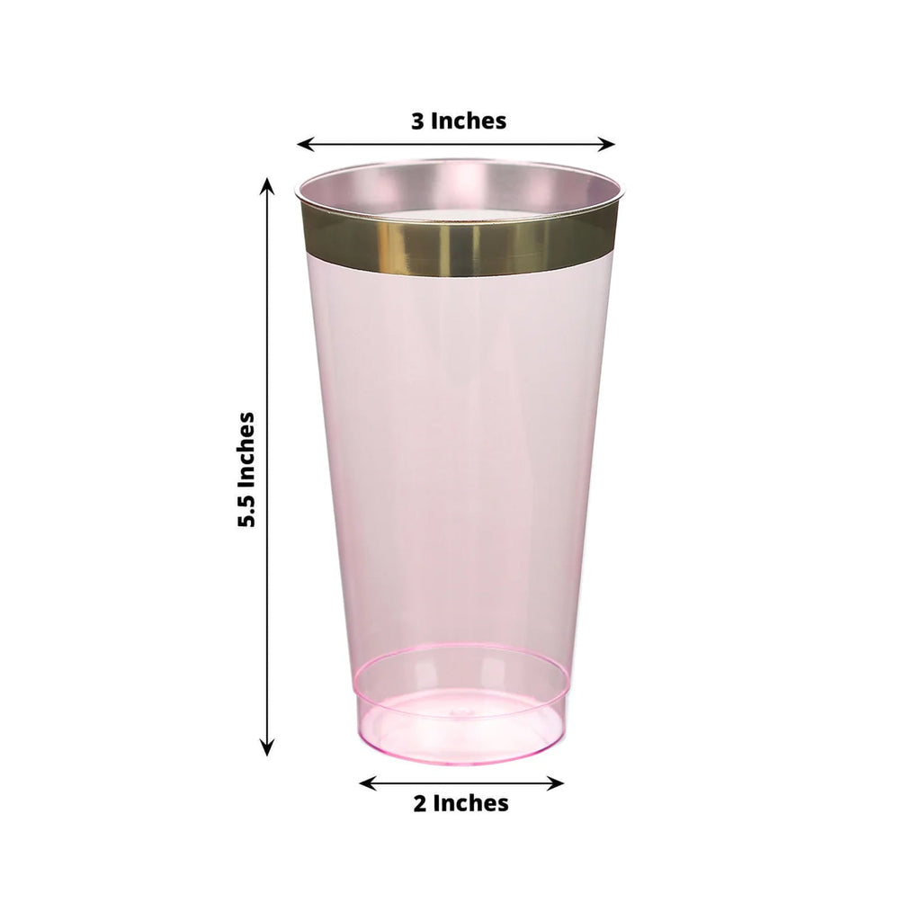 12 - Pack Plastic Party Cups Transparent Blush with Gold Rim - Durable Disposable Tumblers for Drinks 17oz 5.5" - Bell Racket Store