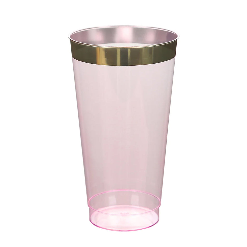 12 - Pack Plastic Party Cups Transparent Blush with Gold Rim - Durable Disposable Tumblers for Drinks 17oz 5.5" - Bell Racket Store