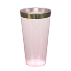 12 - Pack Plastic Party Cups Transparent Blush with Gold Rim - Durable Disposable Tumblers for Drinks 17oz 5.5" - Bell Racket Store