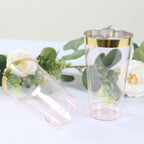 12 - Pack Plastic Party Cups Transparent Blush with Gold Rim - Durable Disposable Tumblers for Drinks 17oz 5.5" - Bell Racket Store