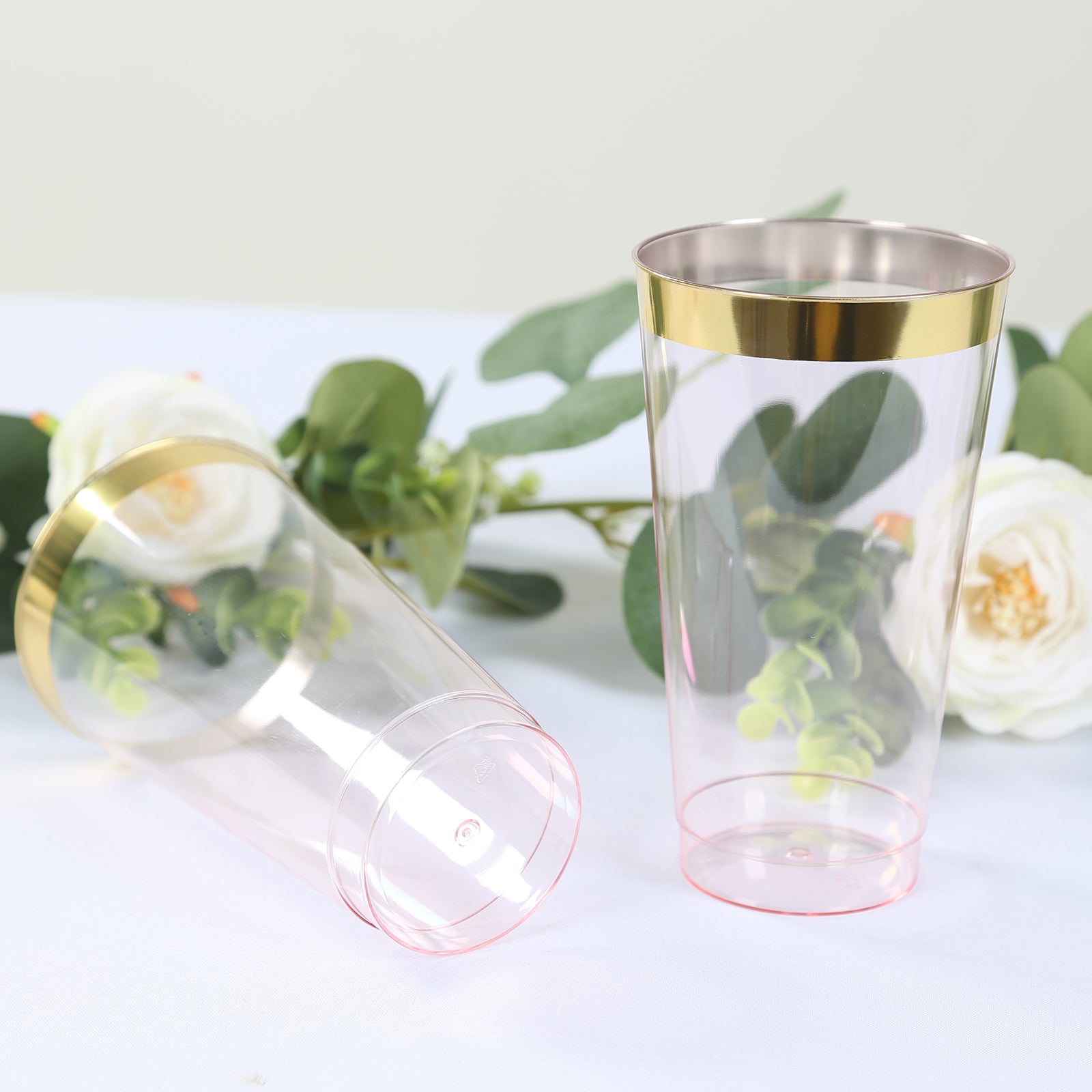 12 - Pack Plastic Party Cups Transparent Blush with Gold Rim - Durable Disposable Tumblers for Drinks 17oz 5.5" - Bell Racket Store