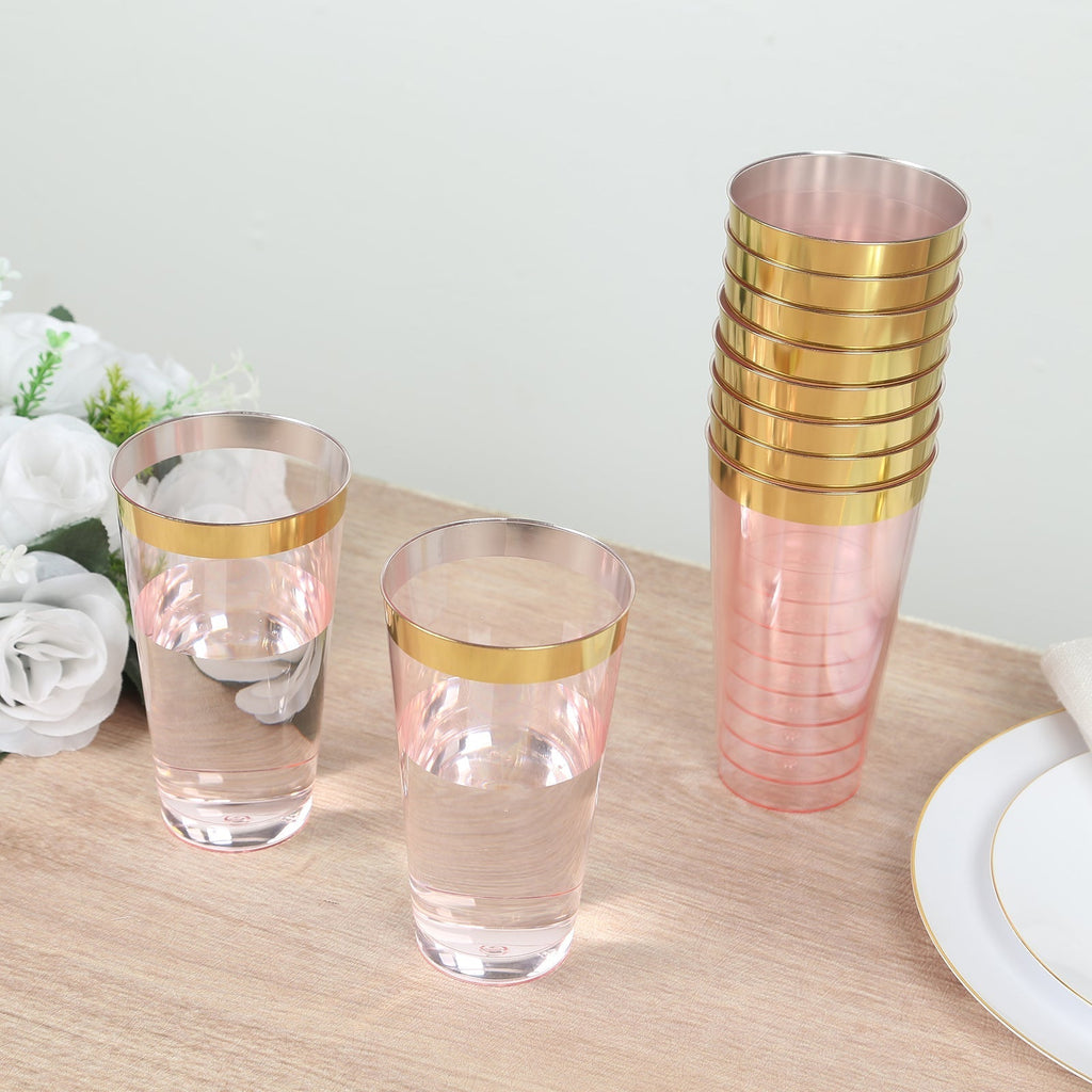 12 - Pack Plastic Party Cups Transparent Blush with Gold Rim - Durable Disposable Tumblers for Drinks 17oz 5.5" - Bell Racket Store