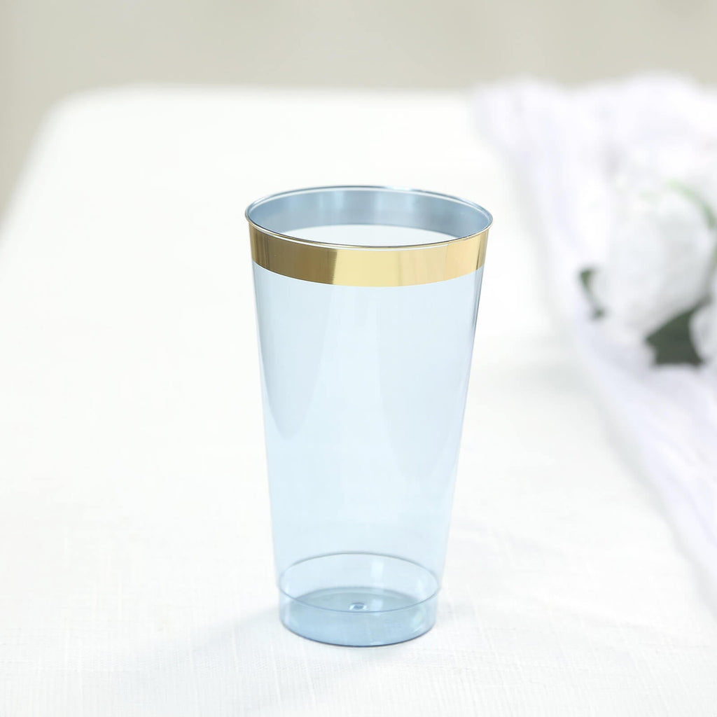 12 - Pack Plastic Party Cups Transparent Dusty Blue with Gold Rim - Durable Disposable Tumblers for Drinks 17oz 5.5" - Bell Racket Store