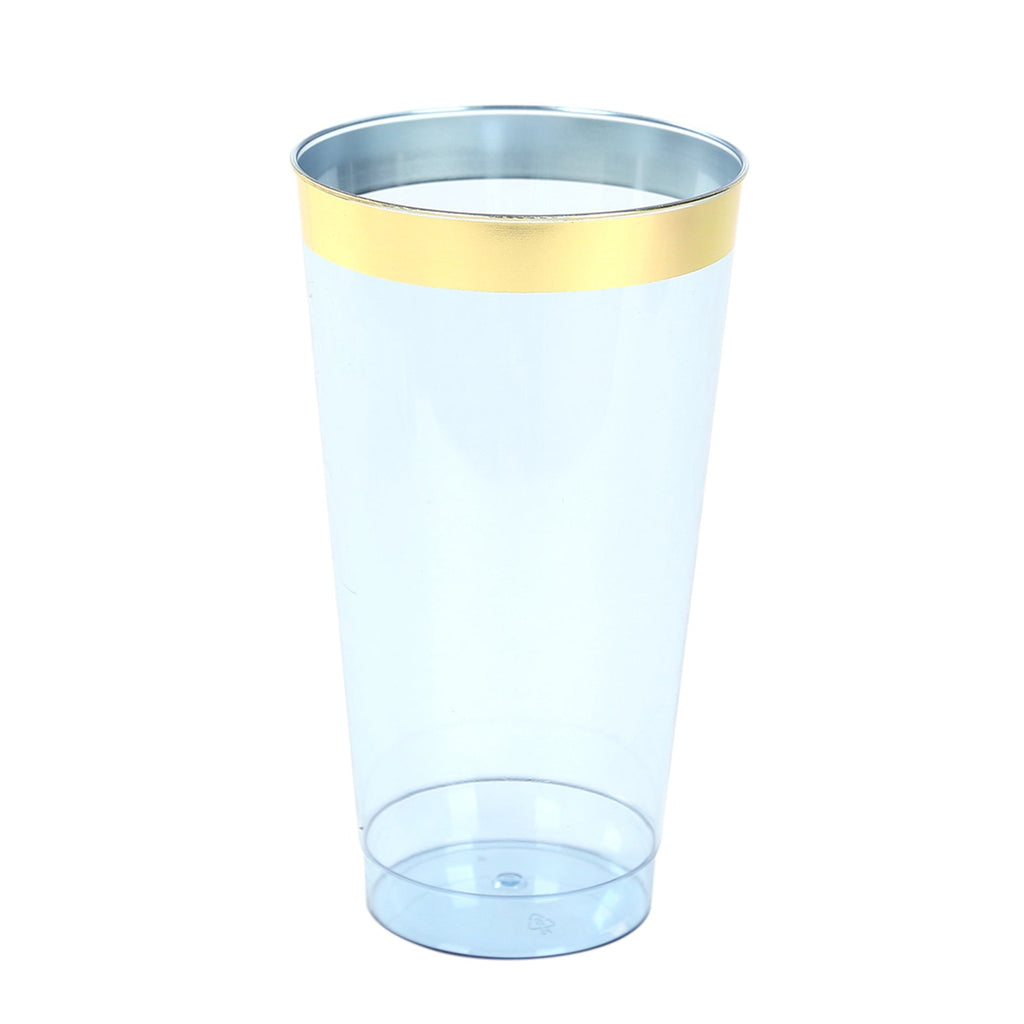 12 - Pack Plastic Party Cups Transparent Dusty Blue with Gold Rim - Durable Disposable Tumblers for Drinks 17oz 5.5" - Bell Racket Store