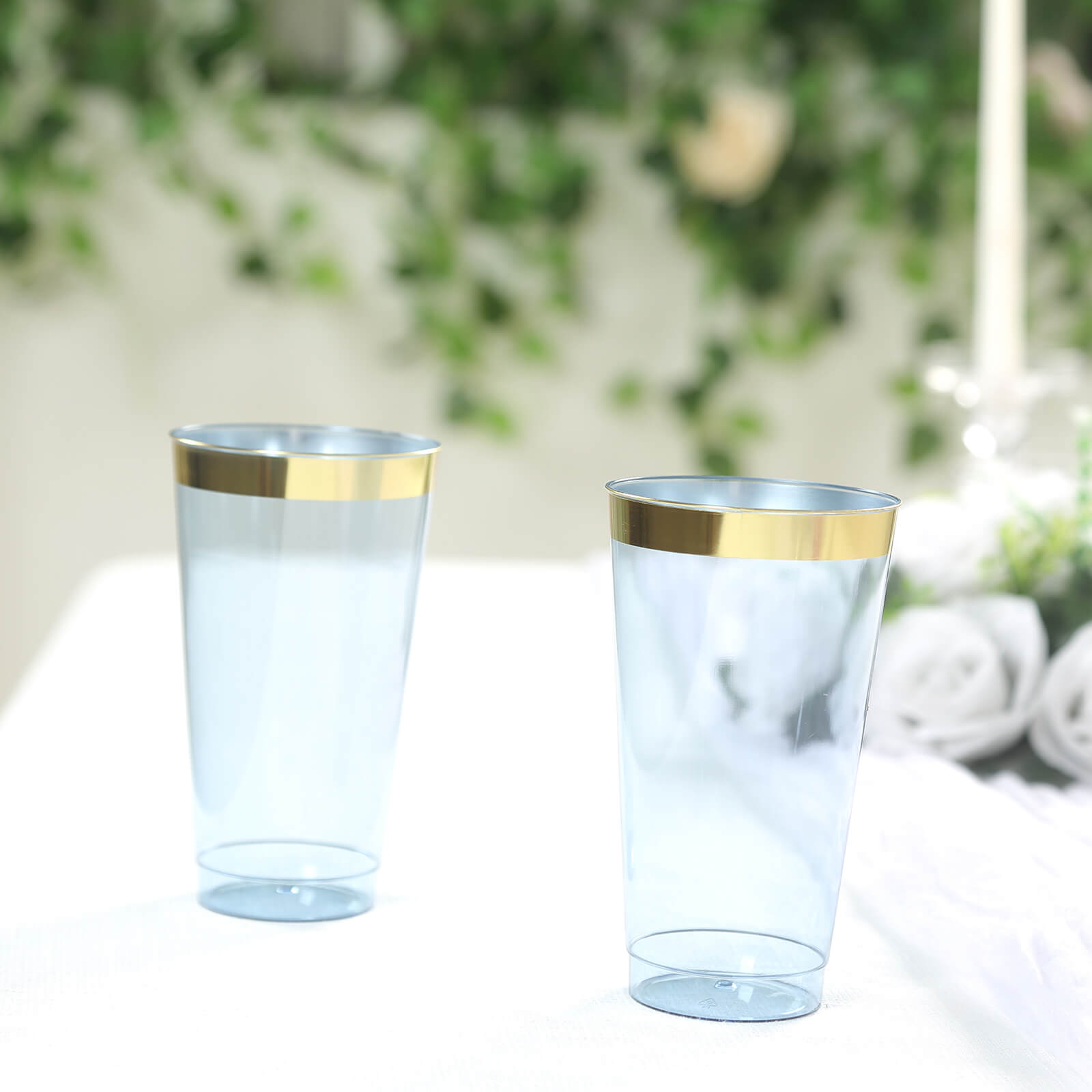 12 - Pack Plastic Party Cups Transparent Dusty Blue with Gold Rim - Durable Disposable Tumblers for Drinks 17oz 5.5" - Bell Racket Store
