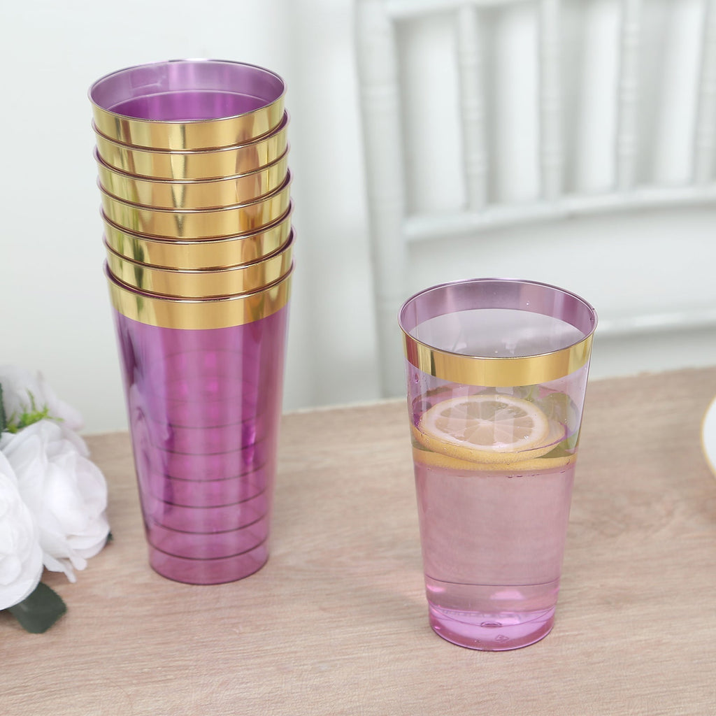 12 - Pack Plastic Party Cups Transparent Purple with Gold Rim - Durable Disposable Tumblers for Drinks 17oz 5.5" - Bell Racket Store