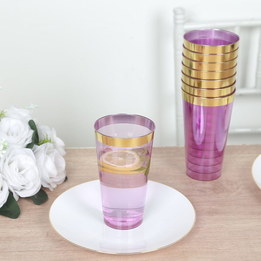 12 - Pack Plastic Party Cups Transparent Purple with Gold Rim - Durable Disposable Tumblers for Drinks 17oz 5.5" - Bell Racket Store