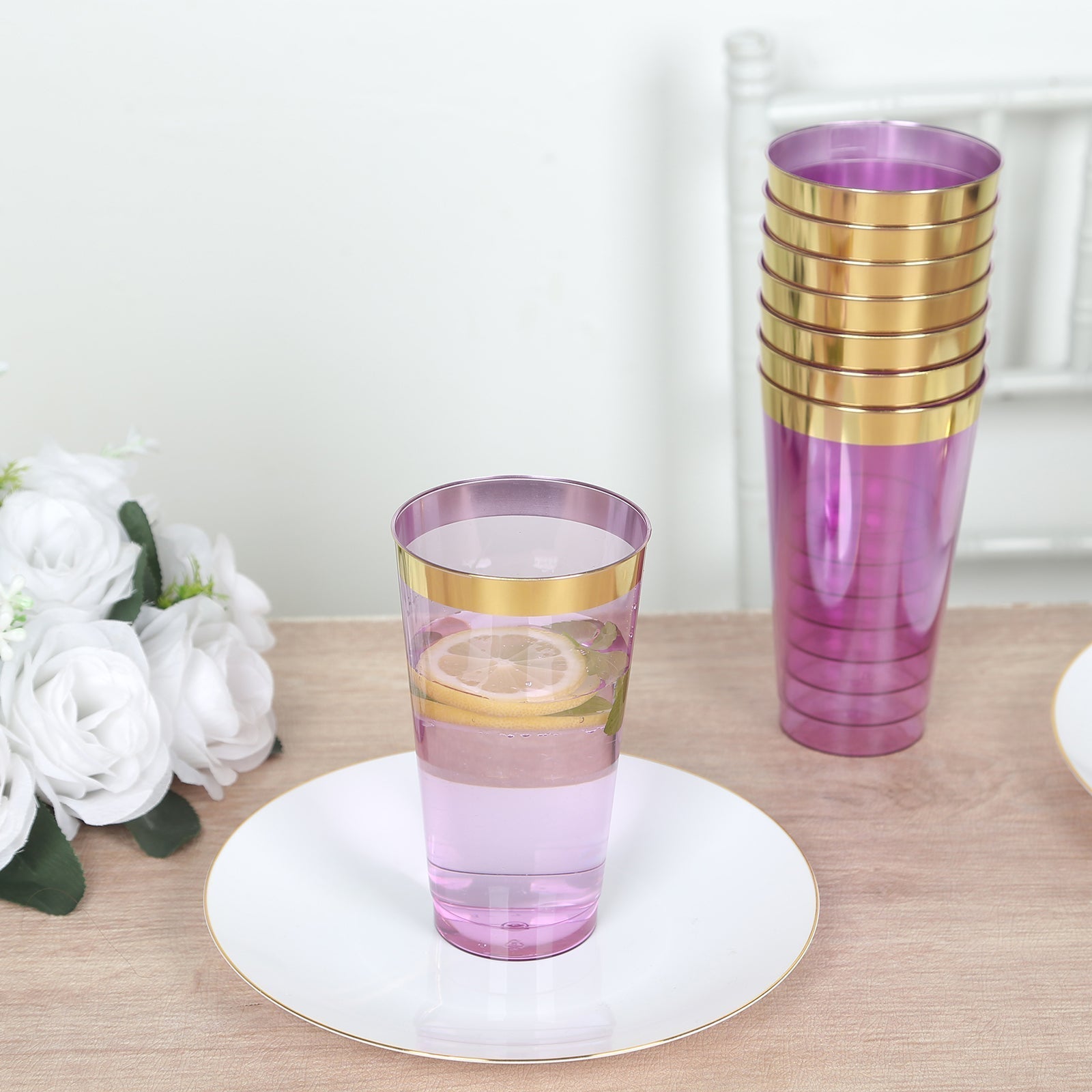 12 - Pack Plastic Party Cups Transparent Purple with Gold Rim - Durable Disposable Tumblers for Drinks 17oz 5.5" - Bell Racket Store