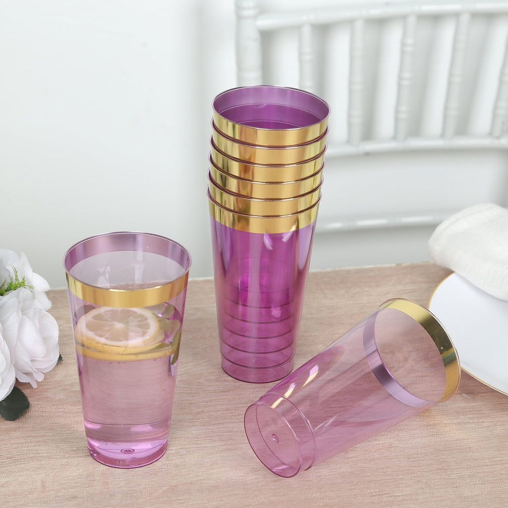 12 - Pack Plastic Party Cups Transparent Purple with Gold Rim - Durable Disposable Tumblers for Drinks 17oz 5.5" - Bell Racket Store