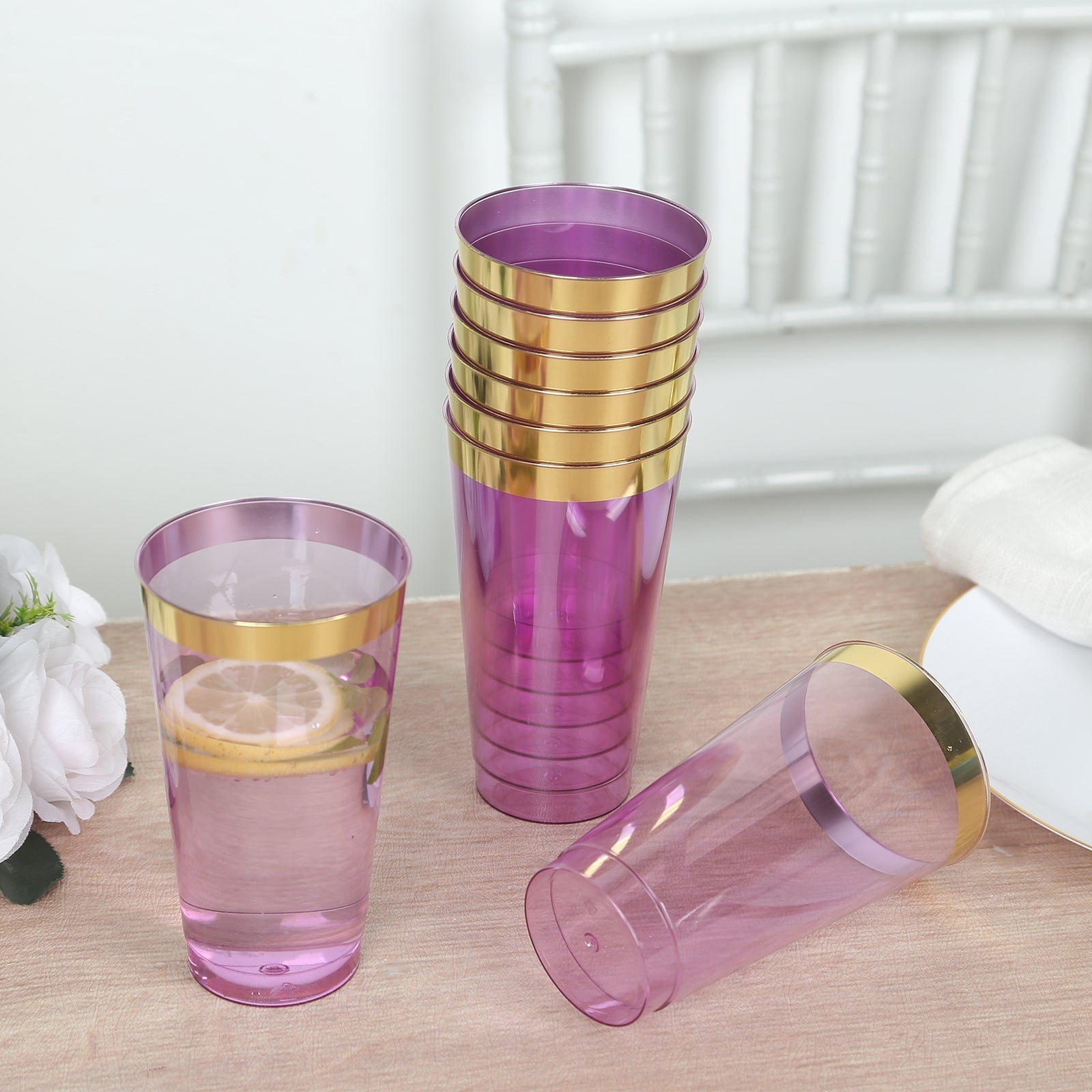 12 - Pack Plastic Party Cups Transparent Purple with Gold Rim - Durable Disposable Tumblers for Drinks 17oz 5.5" - Bell Racket Store