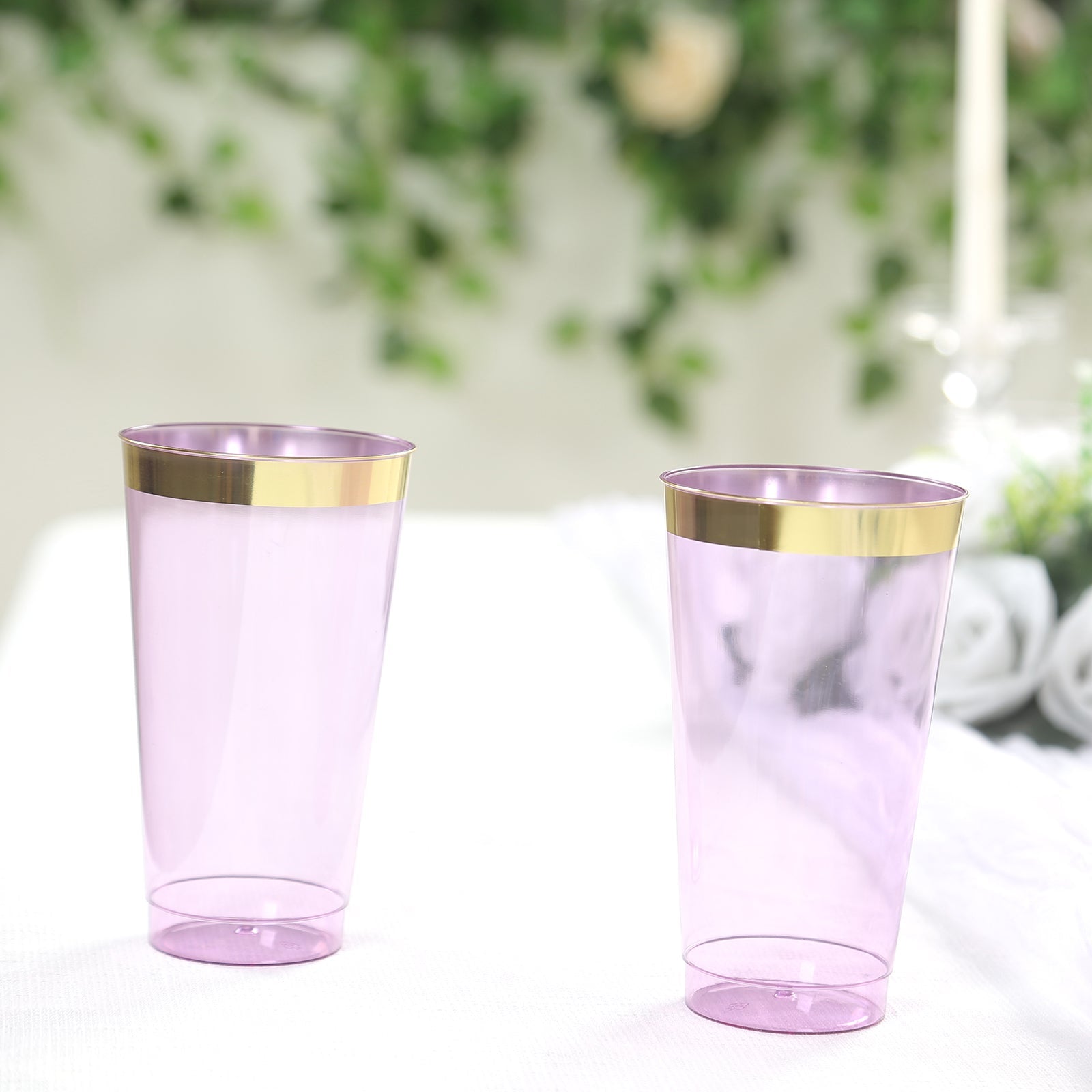 12 - Pack Plastic Party Cups Transparent Purple with Gold Rim - Durable Disposable Tumblers for Drinks 17oz 5.5" - Bell Racket Store
