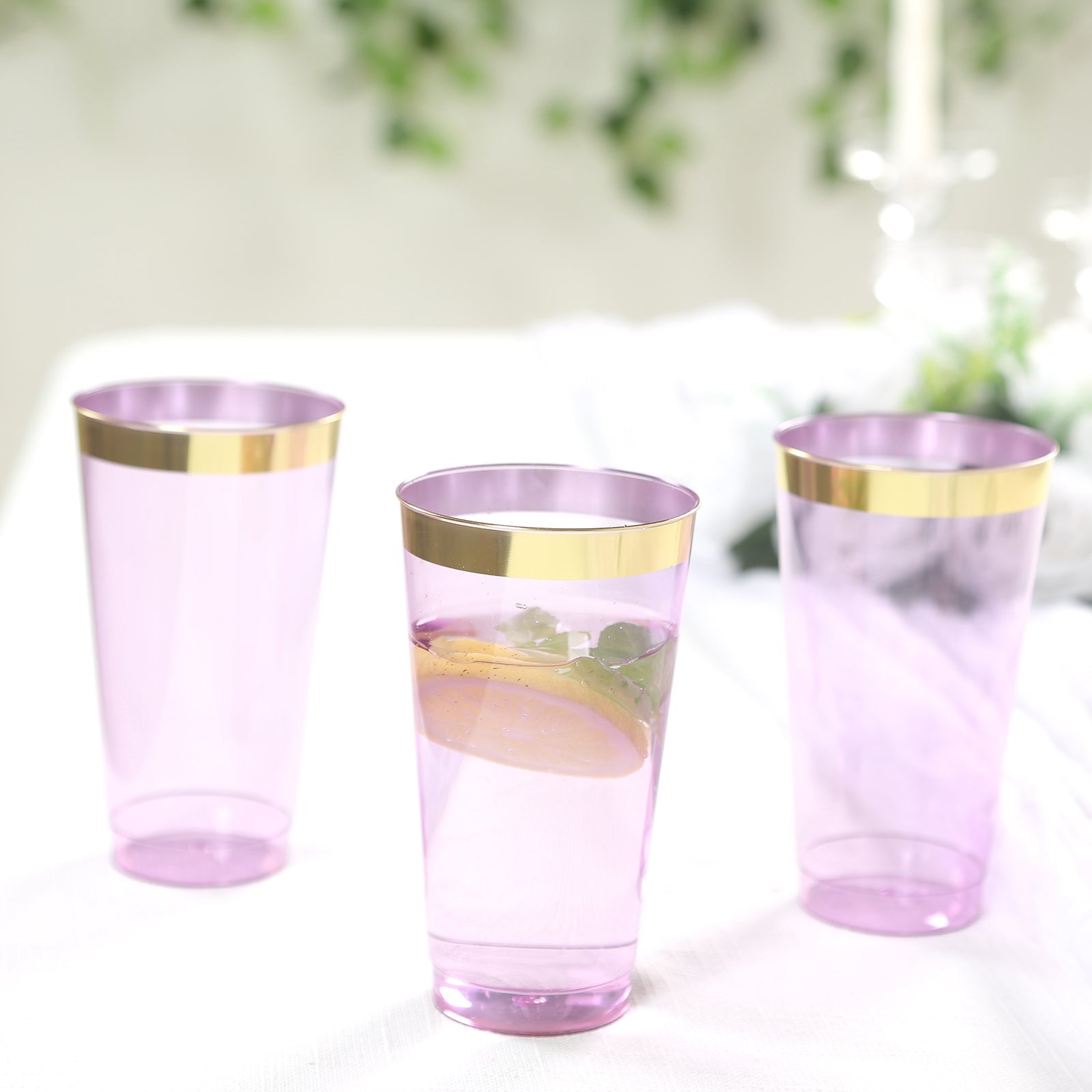 12 - Pack Plastic Party Cups Transparent Purple with Gold Rim - Durable Disposable Tumblers for Drinks 17oz 5.5" - Bell Racket Store