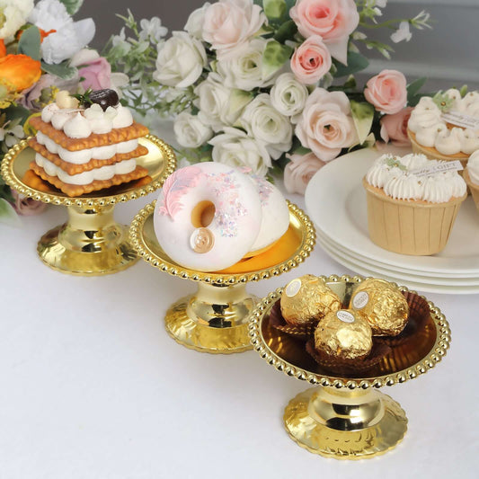 12 - Pack Plastic Pedestal Cupcake Plates Mini Gold Mirror Finish Beaded Rim - Great for Displays 5" - Bell Racket Store