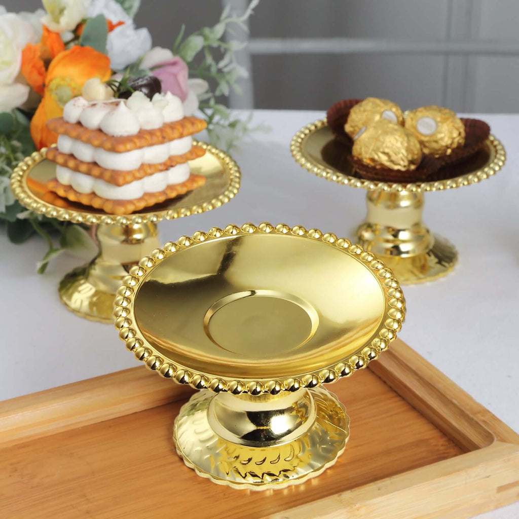 12 - Pack Plastic Pedestal Cupcake Plates Mini Gold Mirror Finish Beaded Rim - Great for Displays 5" - Bell Racket Store