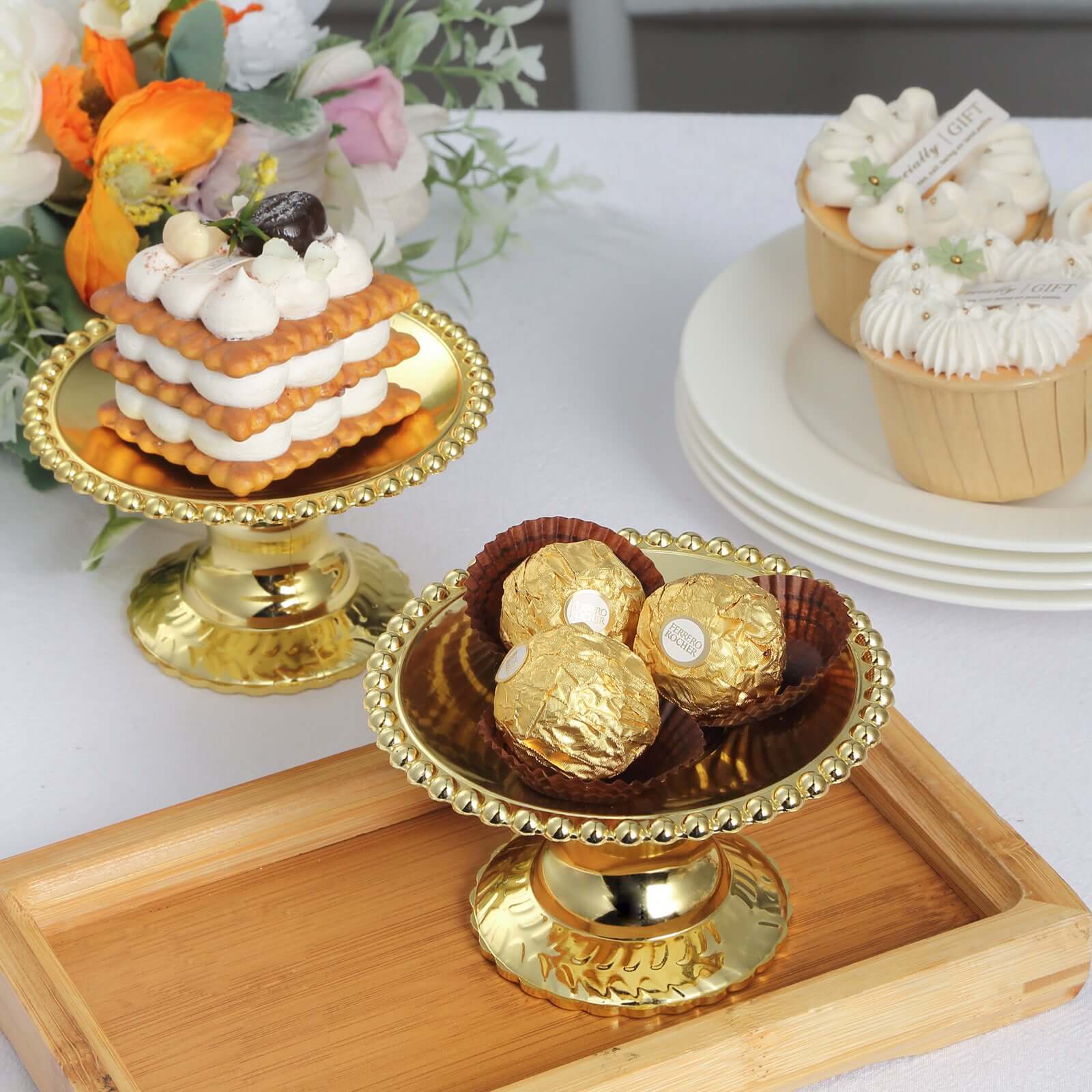 12 - Pack Plastic Pedestal Cupcake Plates Mini Gold Mirror Finish Beaded Rim - Great for Displays 5" - Bell Racket Store