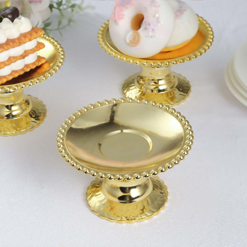12 - Pack Plastic Pedestal Cupcake Plates Mini Gold Mirror Finish Beaded Rim - Great for Displays 5" - Bell Racket Store