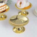 12 - Pack Plastic Pedestal Cupcake Plates Mini Gold Mirror Finish Beaded Rim - Great for Displays 5" - Bell Racket Store