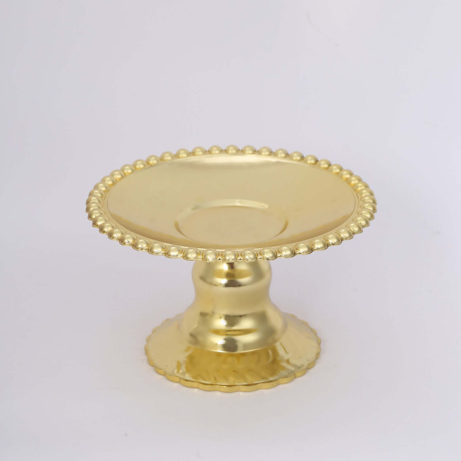 12 - Pack Plastic Pedestal Cupcake Plates Mini Gold Mirror Finish Beaded Rim - Great for Displays 5" - Bell Racket Store