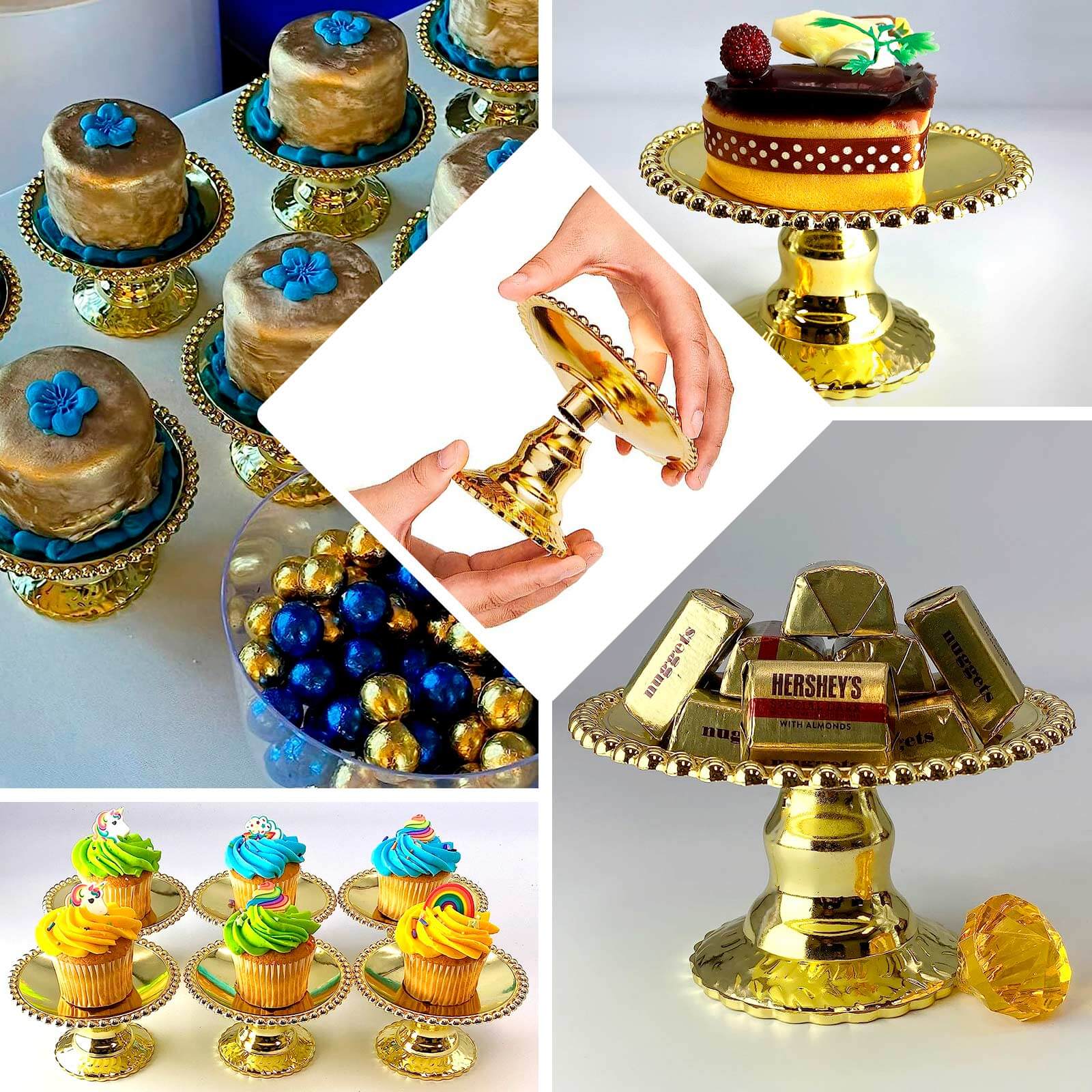 12 - Pack Plastic Pedestal Cupcake Plates Mini Gold Mirror Finish Beaded Rim - Great for Displays 5" - Bell Racket Store