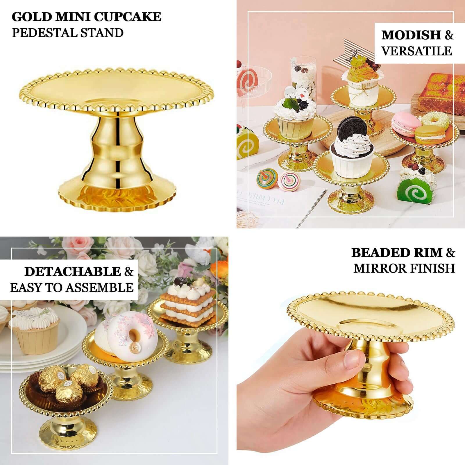 12 - Pack Plastic Pedestal Cupcake Plates Mini Gold Mirror Finish Beaded Rim - Great for Displays 5" - Bell Racket Store