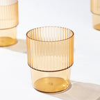 12 - Pack Plastic Short Drinking Glasses Amber Gold Ribbed Pattern Stackable - Reusable Tumblers 7oz - Bell Racket Store