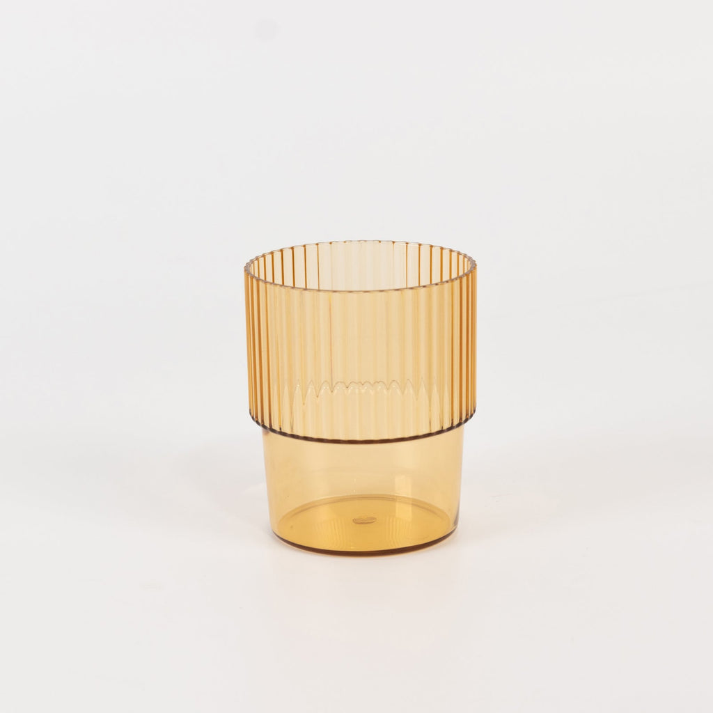 12 - Pack Plastic Short Drinking Glasses Amber Gold Ribbed Pattern Stackable - Reusable Tumblers 7oz - Bell Racket Store