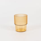 12 - Pack Plastic Short Drinking Glasses Amber Gold Ribbed Pattern Stackable - Reusable Tumblers 7oz - Bell Racket Store