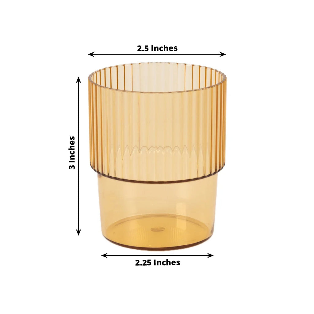 12 - Pack Plastic Short Drinking Glasses Amber Gold Ribbed Pattern Stackable - Reusable Tumblers 7oz - Bell Racket Store