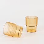 12 - Pack Plastic Short Drinking Glasses Amber Gold Ribbed Pattern Stackable - Reusable Tumblers 7oz - Bell Racket Store
