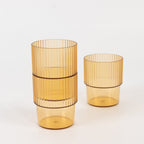 12 - Pack Plastic Short Drinking Glasses Amber Gold Ribbed Pattern Stackable - Reusable Tumblers 7oz - Bell Racket Store