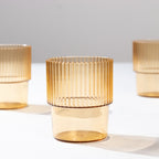 12 - Pack Plastic Short Drinking Glasses Amber Gold Ribbed Pattern Stackable - Reusable Tumblers 7oz - Bell Racket Store
