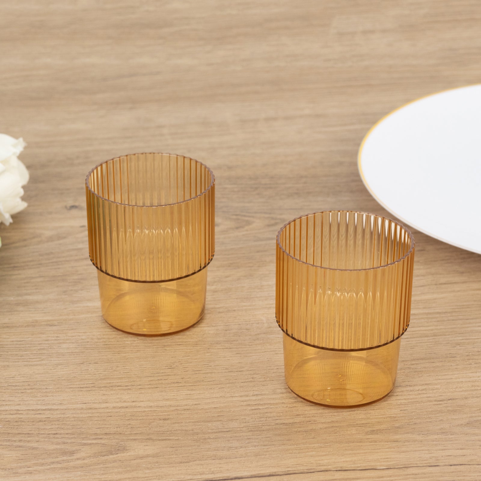12 - Pack Plastic Short Drinking Glasses Amber Gold Ribbed Pattern Stackable - Reusable Tumblers 7oz - Bell Racket Store