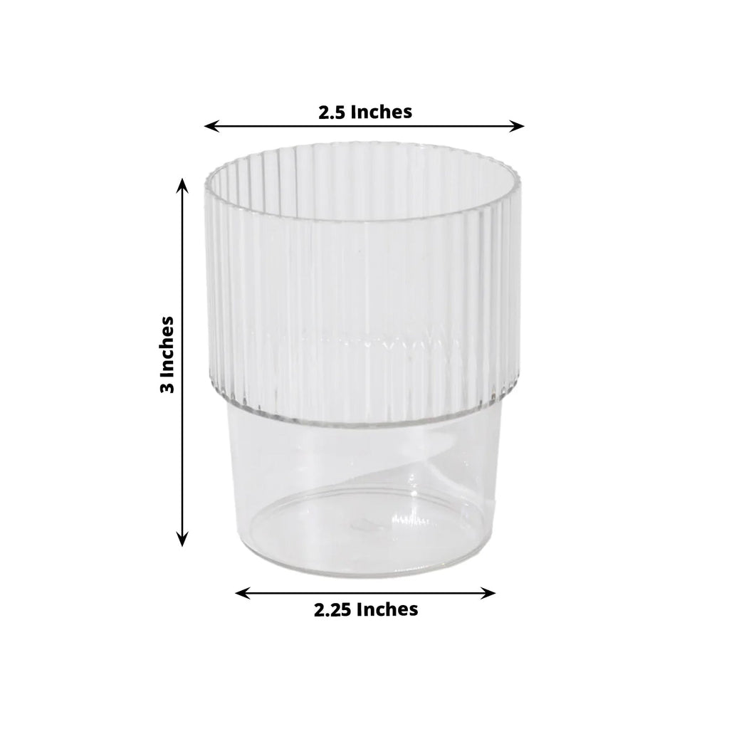 12 - Pack Plastic Short Drinking Glasses Clear Ribbed Pattern Stackable - Reusable Tumblers 7oz - Bell Racket Store