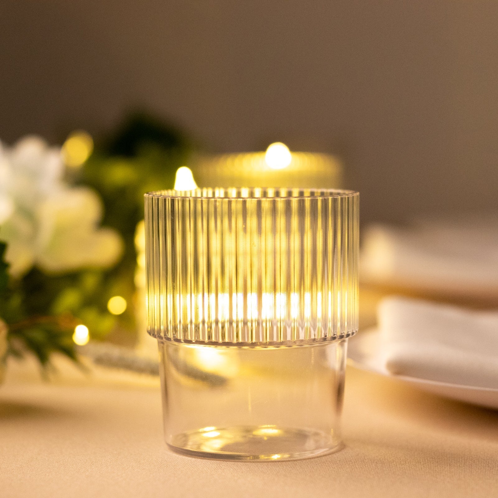 12 - Pack Plastic Short Drinking Glasses Clear Ribbed Pattern Stackable - Reusable Tumblers 7oz - Bell Racket Store