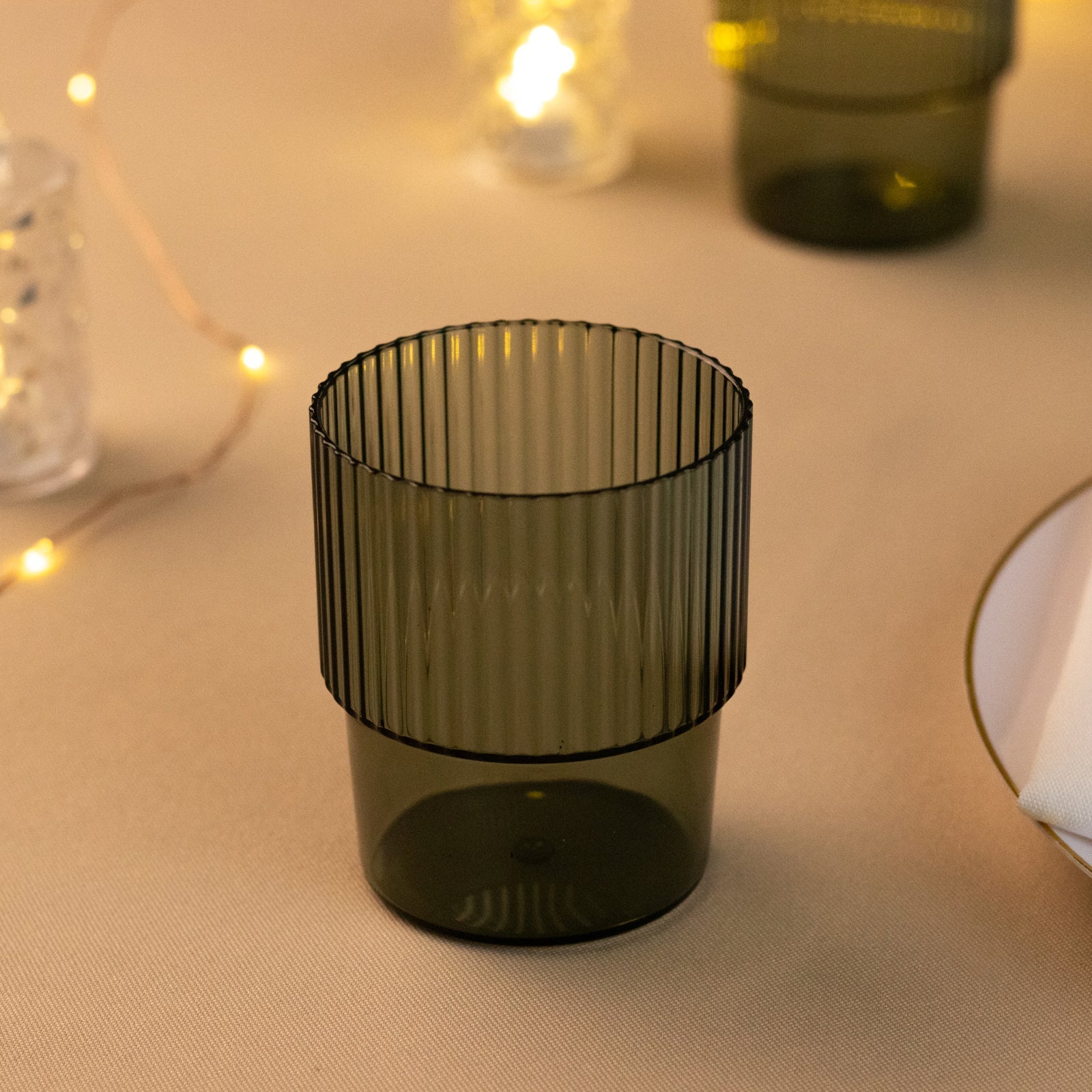 12 - Pack Plastic Short Drinking Glasses Hunter Emerald Green Ribbed Pattern Stackable - Reusable Tumblers 7oz - Bell Racket Store