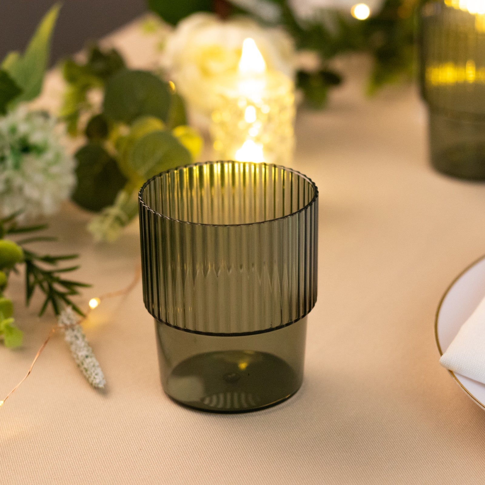 12 - Pack Plastic Short Drinking Glasses Hunter Emerald Green Ribbed Pattern Stackable - Reusable Tumblers 7oz - Bell Racket Store