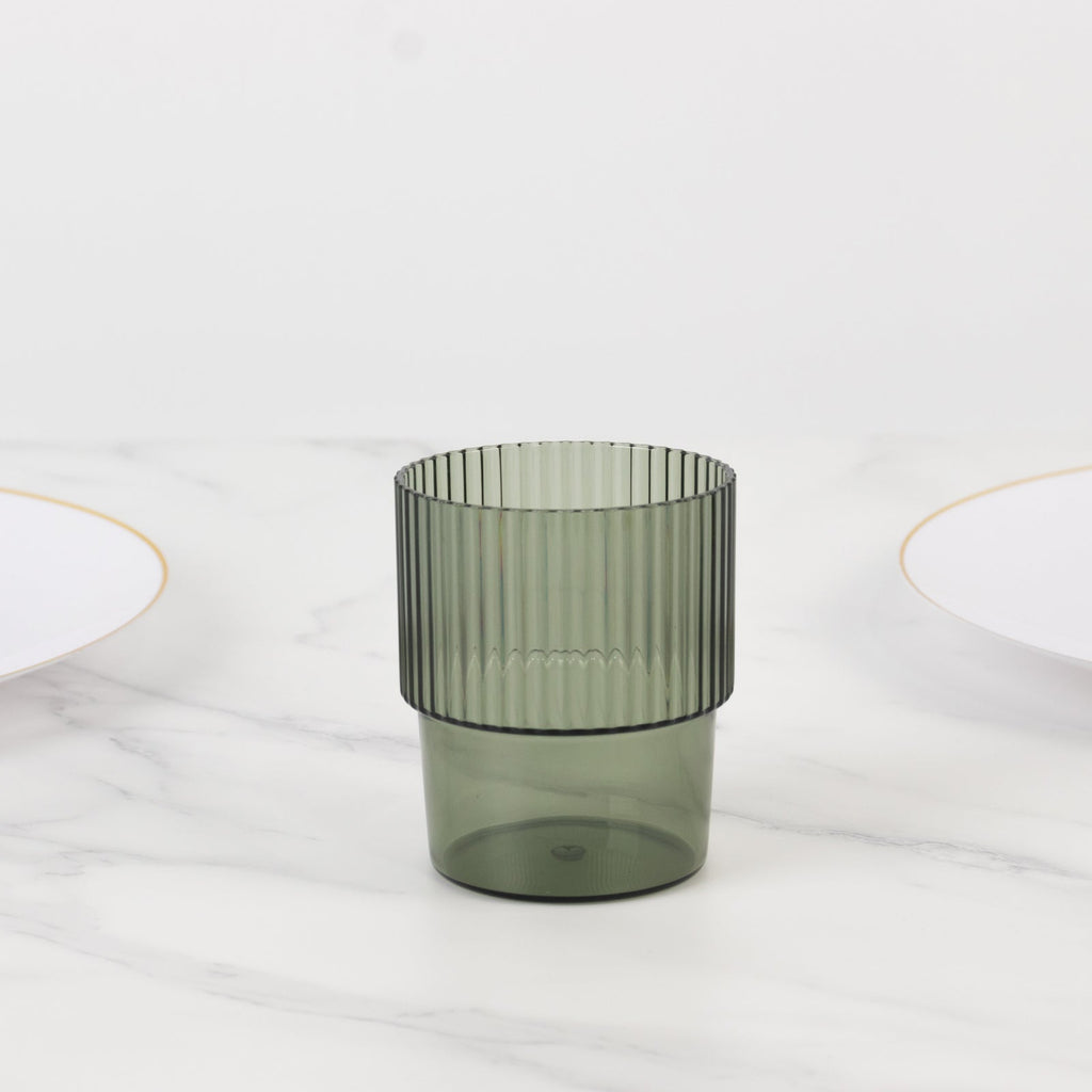 12 - Pack Plastic Short Drinking Glasses Hunter Emerald Green Ribbed Pattern Stackable - Reusable Tumblers 7oz - Bell Racket Store