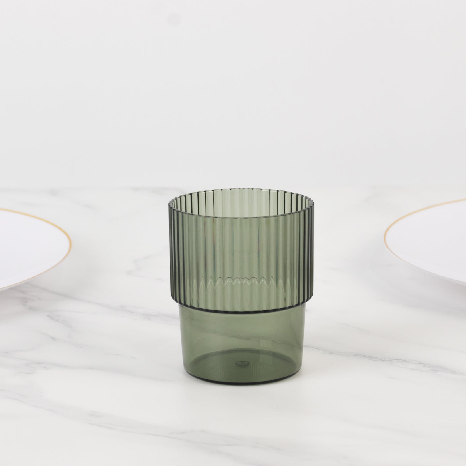 12 - Pack Plastic Short Drinking Glasses Hunter Emerald Green Ribbed Pattern Stackable - Reusable Tumblers 7oz - Bell Racket Store