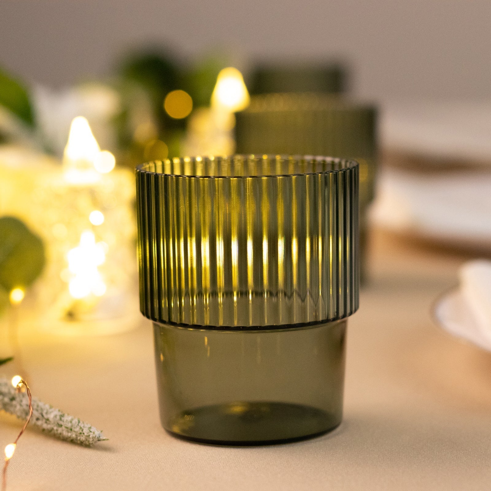 12 - Pack Plastic Short Drinking Glasses Hunter Emerald Green Ribbed Pattern Stackable - Reusable Tumblers 7oz - Bell Racket Store