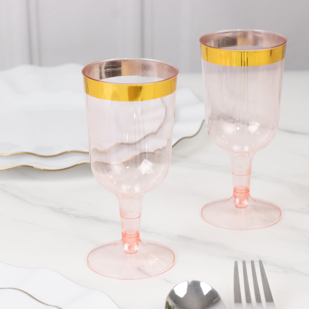 12 Pack Plastic Short Stem Wine Glasses Transparent Blush/Gold Rim - Stylish Disposable Drinkware 6oz - Bell Racket Store