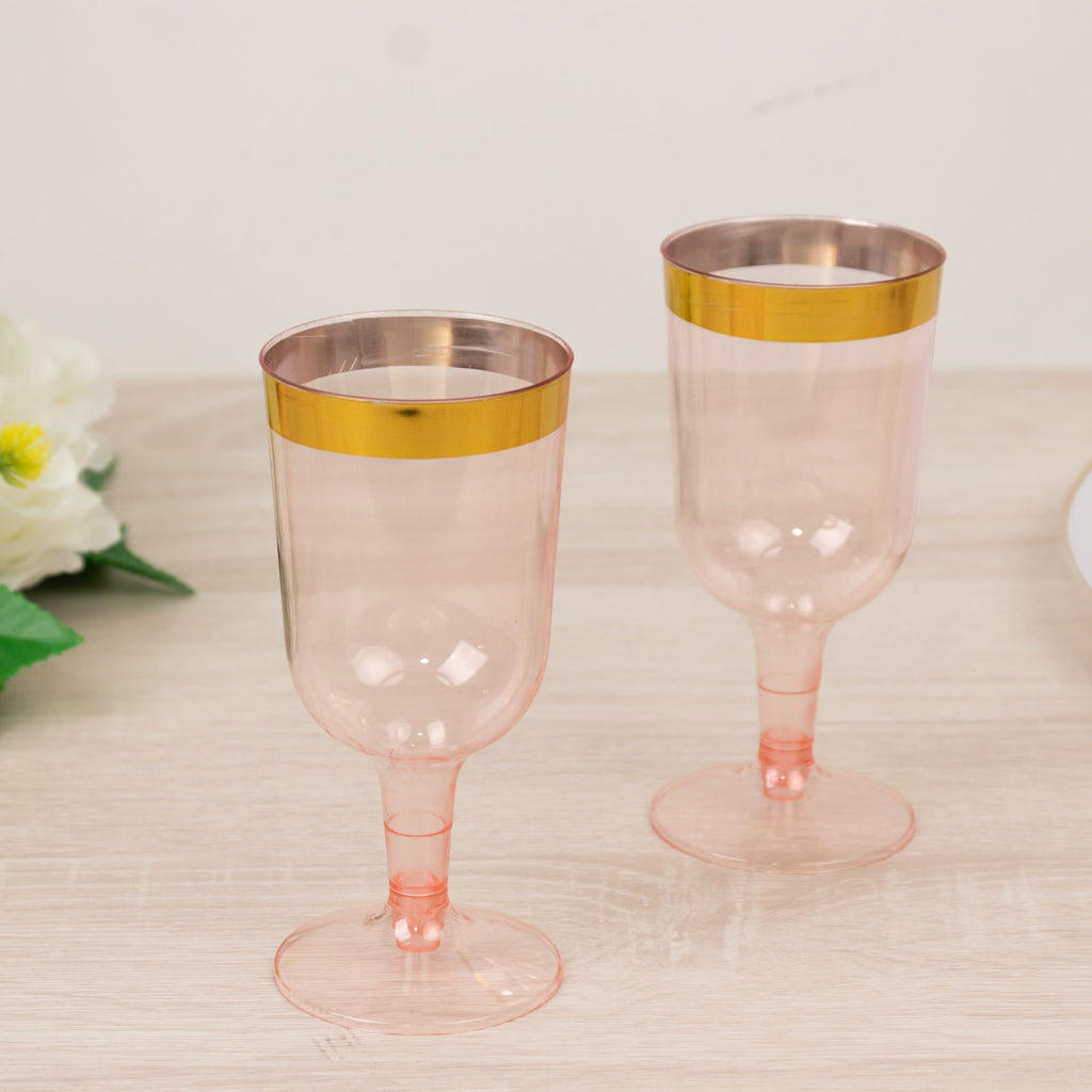 12 Pack Plastic Short Stem Wine Glasses Transparent Blush/Gold Rim - Stylish Disposable Drinkware 6oz - Bell Racket Store