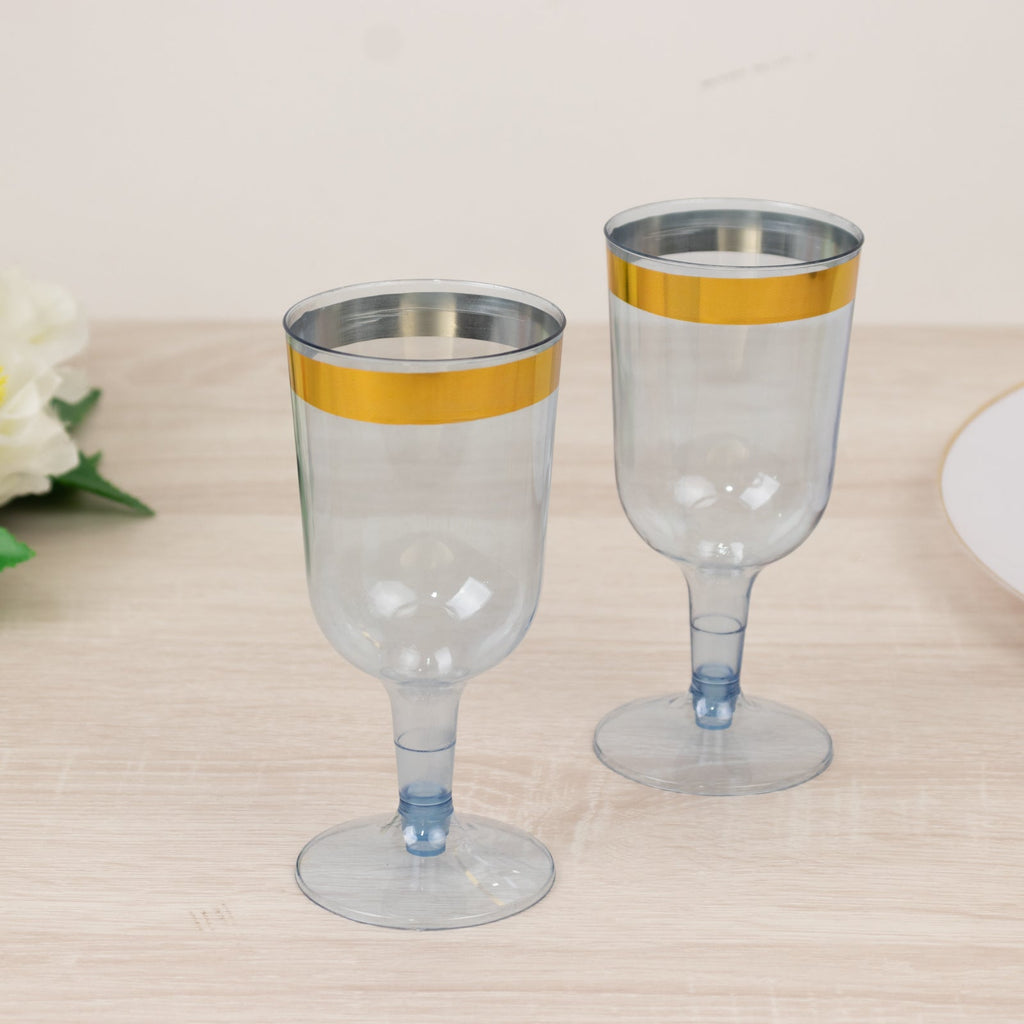 12 Pack Plastic Short Stem Wine Glasses Transparent Dusty Blue/Gold Rim - Stylish Disposable Drinkware 6oz - Bell Racket Store