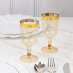 12 Pack Plastic Short Stem Wine Glasses Transparent Gold/Gold Rim - Stylish Disposable Drinkware 6oz - Bell Racket Store