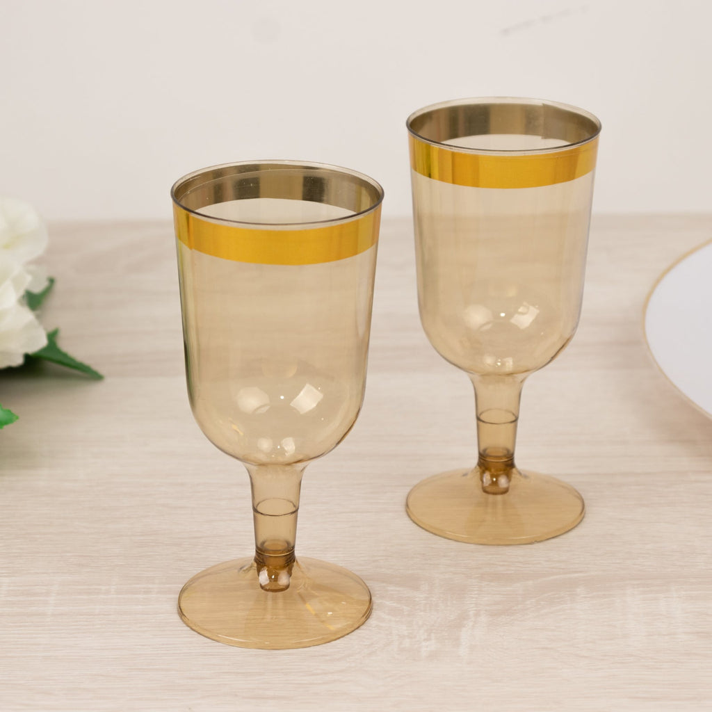 12 Pack Plastic Short Stem Wine Glasses Transparent Gold/Gold Rim - Stylish Disposable Drinkware 6oz - Bell Racket Store