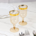 12 Pack Plastic Short Stem Wine Glasses Transparent Gold/Gold Rim - Stylish Disposable Drinkware 6oz - Bell Racket Store