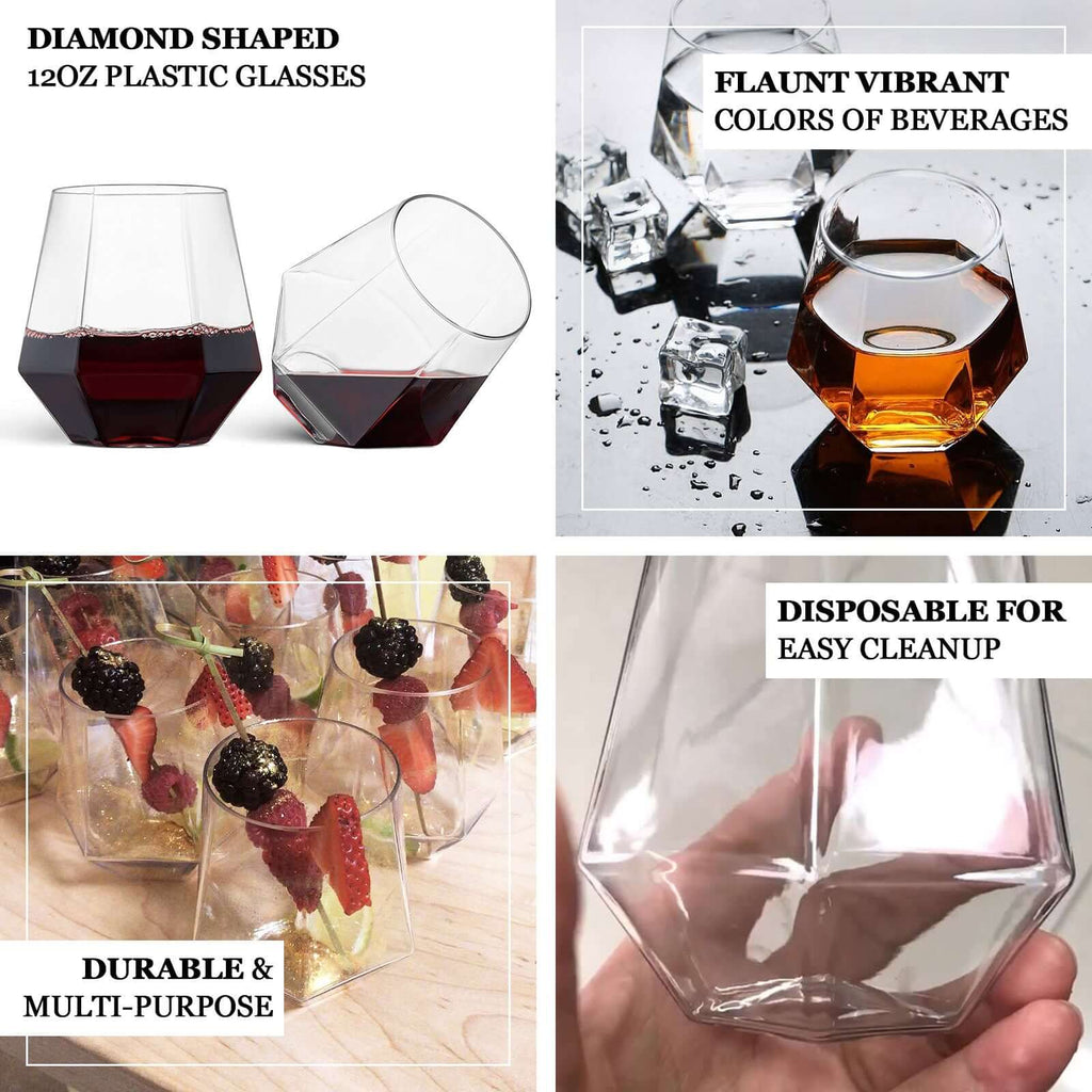 12 - Pack Plastic Stemless Wine Glasses Clear Diamond Shaped - Reusable Whiskey Cups 12oz - Bell Racket Store