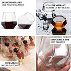 12 - Pack Plastic Stemless Wine Glasses Clear Diamond Shaped - Reusable Whiskey Cups 12oz - Bell Racket Store
