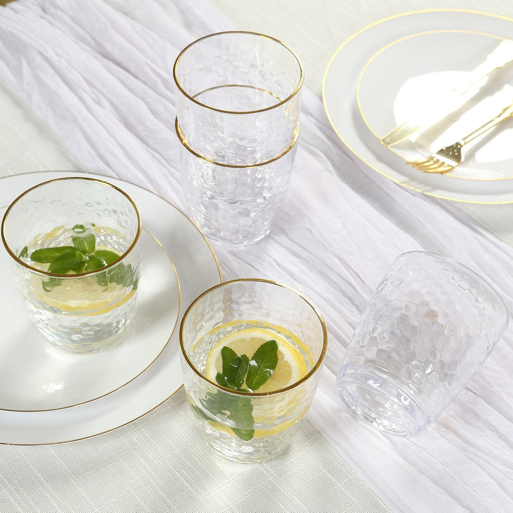 12 - Pack Plastic Tumblers Reusable Hammered Cups 14oz â€“ Clear with Gold Rim â€“ Shatterproof Cocktail Drinkware - Bell Racket Store